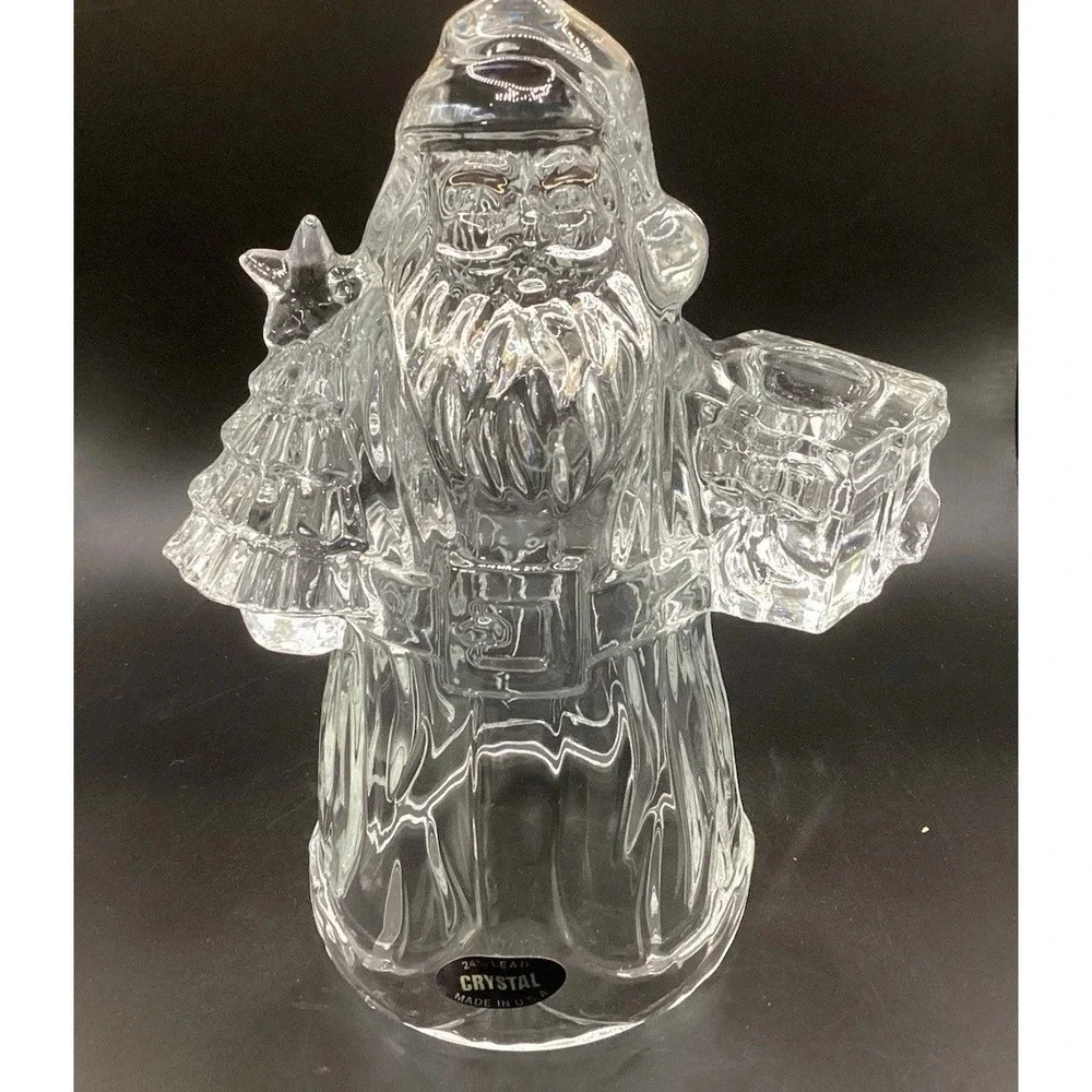 VTG Heavy Lead St George‎ Crystal Santa Claus W/ Tree Taper Candle Holder 7.5